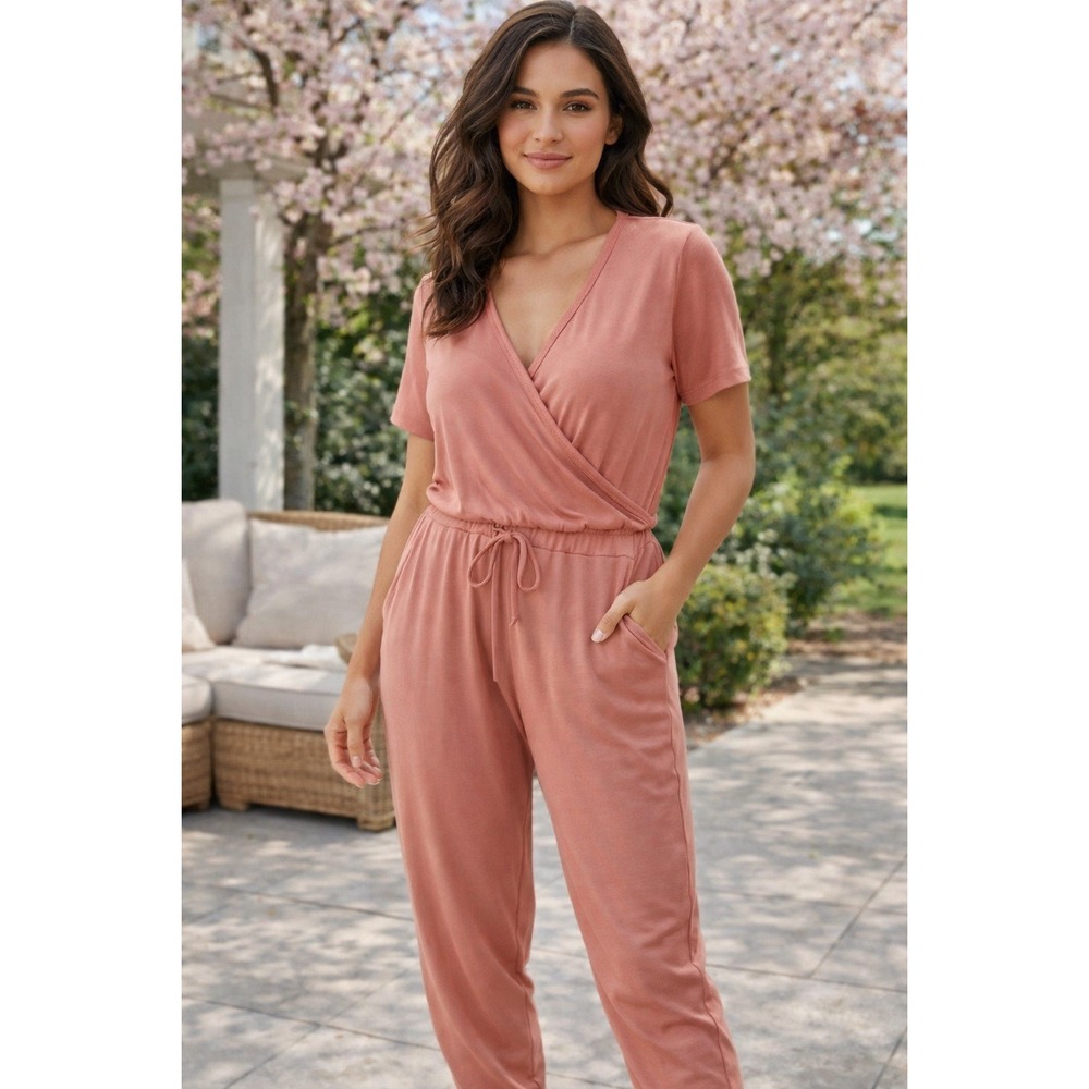 NWTS Women's Peach Bamboo Viscose Wrap Jumpsuit Romper M Pockets‎ Casual Comfy